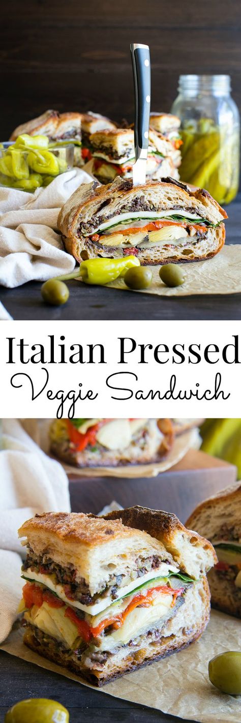 Italian Pressed Sandwich - This sandwich is easy to make, feeds a small crowd and packs up for lunches, picnics or tailgating with ease. Diy Sandwich, Pressed Sandwich, Sandwich Bar, Vegetarian Sandwich, Veggie Sandwich, Desserts Vegan, Vegan Sandwich, Bar Ideas, Meatless Meals