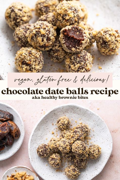 chocolate date balls recipe pin Chocolate Date Balls, Chocolate Brownie Date Balls, Date Balls Healthy, Date Balls Recipe, Chocolate Brownie Bites, Makers Diet, Health Benefits Of Walnuts, No Bake Chocolate Desserts, Date Balls