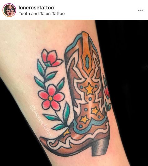 Traditional Boot Tattoo, American Traditional Cowboy Boot Tattoo, Cowboy Boot Tattoo Traditional, Cowboy Boots Tattoo, Tattoos Cowboy, Traditional Western Tattoo, Western Flash, Boots Tattoo, Alabama Tattoos