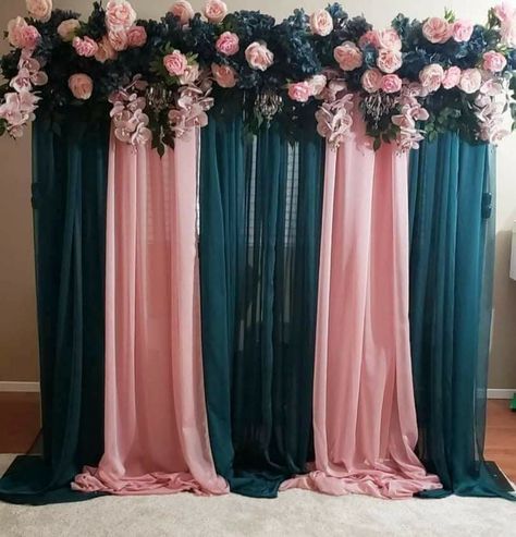 Teal Backdrop Ideas, Emerald Green Backdrop, Engagement Setup, Teal Backdrop, Teal Party, Teal Decor, Dark Blue Flowers, Maroon Wedding, Church Decorations