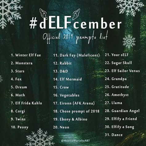 Monica Marinho on Instagram: “Guess what! That's right #dELFcember is ready for a 2nd round. Here is the official 2019 prompts list 💙😁 The idea is to draw one elf a day…” Promt List Drawing, What To Draw Prompts, January Sketchbook Prompts, December Drawing Challenge 2024, December Drawing Prompts, Drawing Prompt List, Prompts Drawing, Elf Drawing, Inktober Prompts