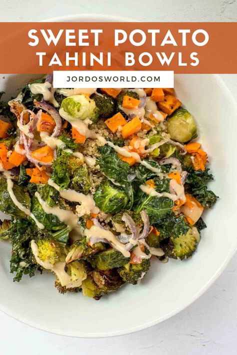 The perfect, most delicious way to satisfy your sweet and savory cravings! Make this nutrient-dense, hearty Sweet Potato Tahini Bowl today! Sweet Potato Veggie Bowl, Sweet Potato Lunch Bowl, Nutrient Dense Meals, Broccoli Sweet Potato Bowl, Sweet Potato With Tahini, Nutrient Dense Recipes, Sweet Potato Tahini Bowl, Sweet Potato Bowls, Macro Meal Plan