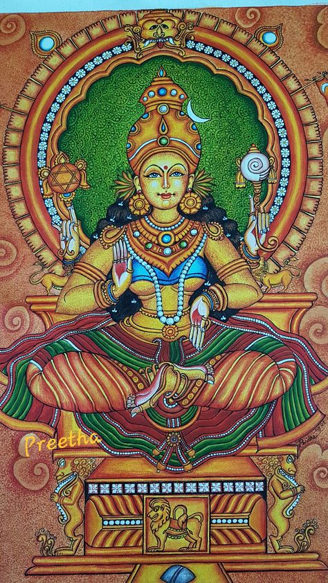 Mookambika devi series kerala mural painting-Preetha Kerala Mural Art, Aari Drawing, Kerala Art, Mural Paintings, Kerala Mural Painting, Madhubani Painting, Hindu God, Amman, Mural Painting