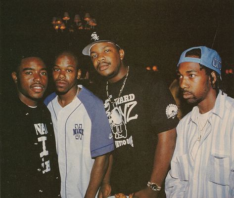 The Source Magazine, Issue #47, August 1993. Coast II Coast. “Tyrin Turner, Too Short, Ant Banks and MC Eiht hang tight at the ‘Menace II Society’ premiere party in LA.” Tyrin Turner, Mc Eiht, Menace To Society, Black Fraternities, Kappa Alpha Psi Fraternity, Hip Hop Classics, Old School Music, 90’s Aesthetic, Black Men Street Fashion