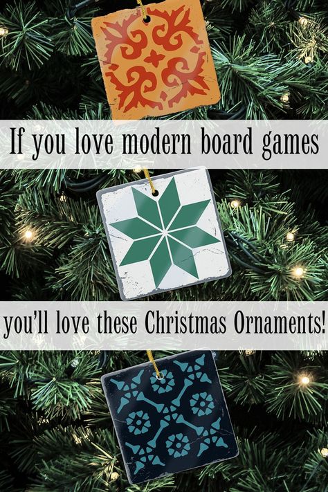 This is an image of a Christmas tree with three square ornaments on it.  The ornaments look like tiles from the modern board game called Azul.  Board Game hobbyists would love these on their tree for the holidays. Distressed Tile, Geometric Snowflake, Game Gifts, Spanish Home, Board Game Geek, Spanish House, Game Lovers, Snowflake Ornaments, Christmas Games