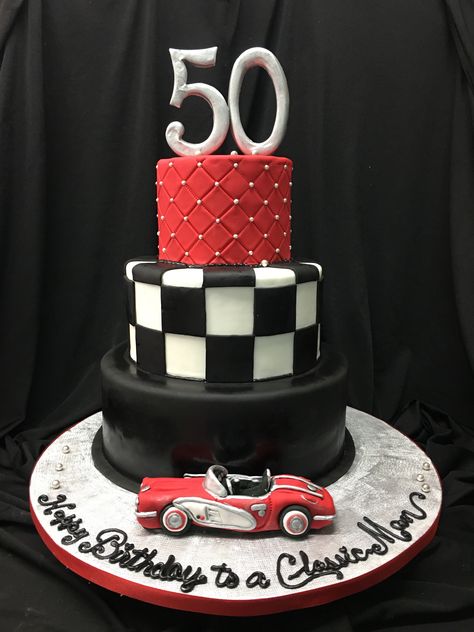 Red, black & white check, Corvette hand modeled car for a 50th birthday party. Corvette Birthday Cake For Men, 50th Birthday Party Ideas For Men Classic Cars, Classic Car Cakes For Men, Classic Car Cake, 70th Birthday Cake For Men, Men Birthday Party Theme, Corvette Cake, 65th Birthday Party Ideas, Sassy Cakes