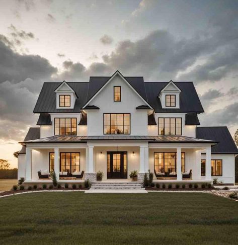 Farmhouse With Turret, White House Black Trim Wrap Around Porch, Country House Ideas Interior, Craftsmen Style Home, Cute Houses Aesthetic, Large Family Home Exterior, Houses Modern Farmhouse, Big House Exterior, Family Home Layout