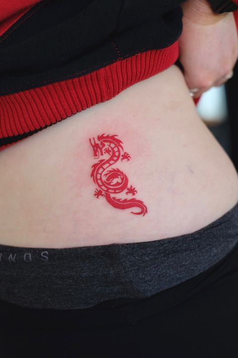 Vertical Dragon Tattoo, Small Japanese Dragon Tattoo, Small Chinese Dragon Tattoo, Charm Tattoo, Mini Tats, Red Dragon Tattoo, Tattoo Mini, Waist Tattoos, Dragon Rouge