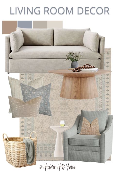 Living room mood board with neutral colors throughout Blue Gray And Beige Living Room, Grey Beige And Blue Living Room, Gray Couch Blue Chairs Living Room, Two Chairs One Couch Living Room, Coastal Swivel Chairs, Tan Living Room Rug, Coastal Grey Living Room, Neutral Living Room Gray Couch, Living Room Light Couch