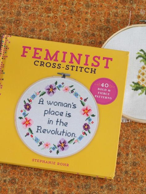 picture of the book 'feminist cross-stitch' in front of a cross stitched pineapple Cross Stitch Books, Do Love, Love A, Cross Stitch Patterns, Cross Stitch, The Creator, Book Cover, Pattern, Tela