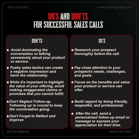 Do's And Don'ts For Successful Sales Calls Sales Techniques Tips, Sales Tips Cold Calling, Closing Sales Techniques, Sales Closing, Sales Script, Start Own Business, French Basics, Closing Sales, Sales Tactics