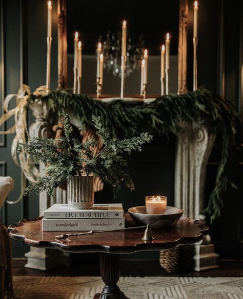 Livingroom Christmas Decor, Moody Transitional, Dark Academia Christmas, Moody Christmas, Inspirational Homes, Tall Candles, Transitional Living Room, Dark Academia Decor, Dark Home Decor