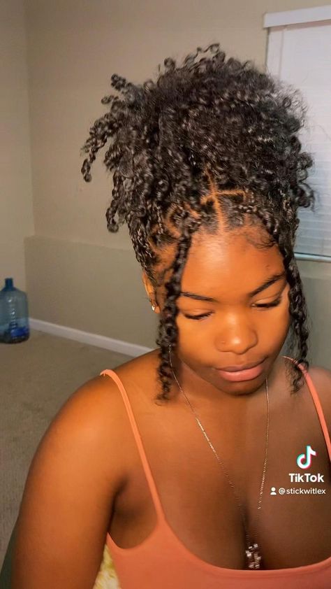 Small Boho Braids Natural Hair, Natural Boho Braids On Short Hair, Twist With Curls Natural Hair, Natural Twist Hairstyles For Short Hair, Natural Boho Twists Black Women, Twisting My Natural Hair, Braided Natural Hairstyles No Weave 4c, Boho Twist Natural Hair Short, Natural Hair Braids With Curls