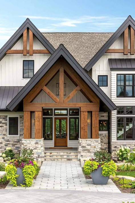 Farmhouse Exterior With Brown Roof, Mountain Craftsman Exterior Colors, Shakes Siding Exterior, Michigan Houses Dream Homes, Modern Mountain Home Color Palette, Black Roof White Siding, Black Timber Frame House, Wood Peaks On House Exterior, Tan Siding Black Trim