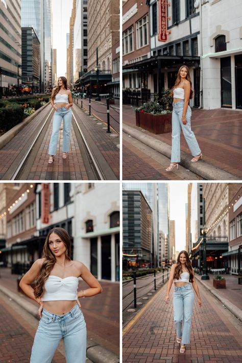 Senior Photo Ideas For Girls- Spring Photoshoot in Houston Pictures Downtown Photo Ideas, Houston Graduation Photos, Downtown Photoshoot Women, Urban Downtown Photoshoot, Birthday Photoshoot Ideas Downtown, Senior Picture Ideas Downtown Nashville, Senior Picture Vibes, Senior Picture Ideas In Downtown, Senior Photo Outfits City