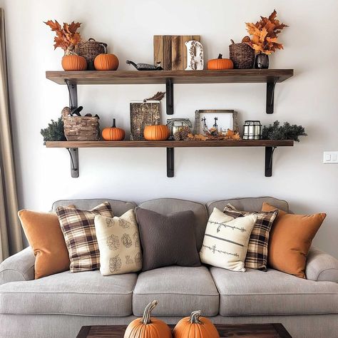 Fall Decor Shelves, Fall Shelf Decor Ideas, Fall Living Room Decor Warm Colors, Fall Shelf Decor, Green Living Room Ideas, Simple Fall Decor, Fall Apartment Decor, Decor Shelves, Fall Living Room Decor