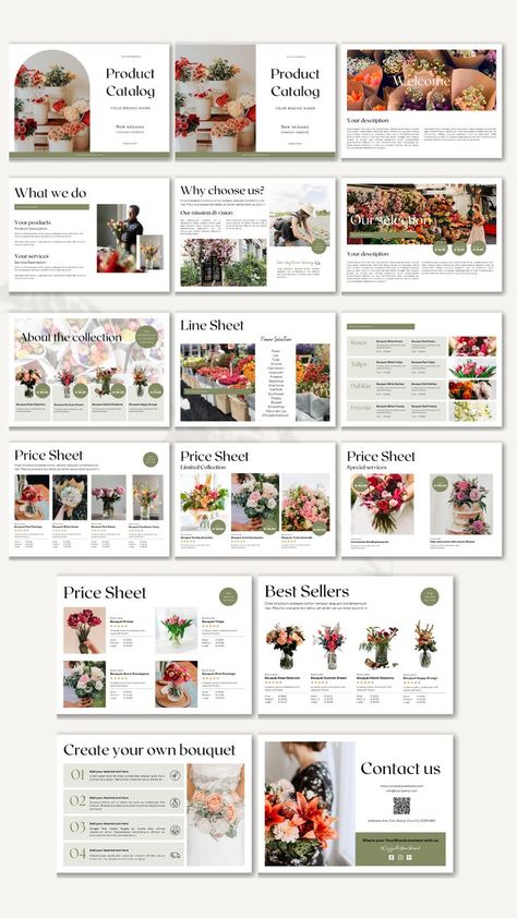 Line Sheet - Prizing Template | Product Catalog | Display & Prizing Wholesale Ebook | Pricing Sheet Canva Flower Catalog Design Layout, Catalog Price List Design, Business Catalog Design Templates, Flower Portfolio Design, Florist Price List, Florist Display Ideas, Wedding Catalog Design Layout, Product List Design Layout, Wholesale Catalog Design