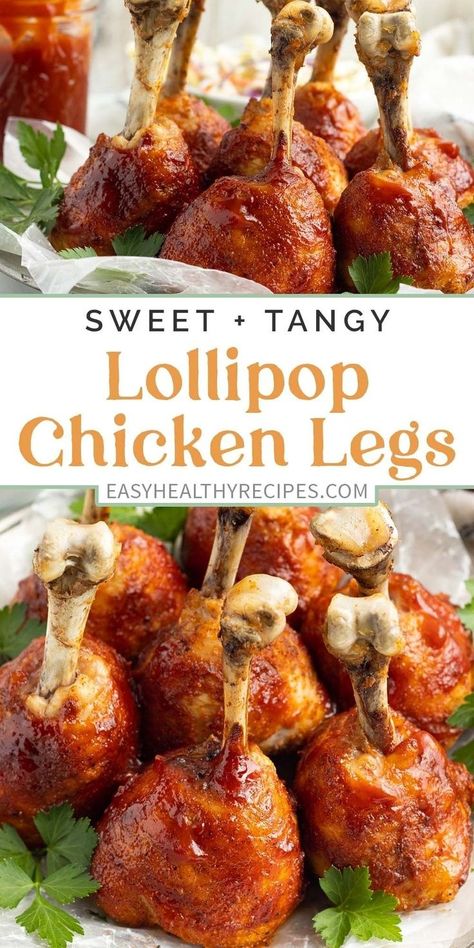 Oven-baked lollipop chicken legs are a fun and unique way to serve chicken legs! Frenched chicken legs are rubbed with a dry rub and homemade BBQ glaze and then baked until perfectly tender and juicy. Lollipop chicken legs look impressive but they are actually very easy to make for weeknight dinners or fancy dinner parties with friends! Chicken Drumstick Pops, Lollipop Drumsticks Recipe, Baked Chicken Lollipops Recipe, Chicken Drumsticks Lollipops, Butterfly Chicken Legs In Oven, Lollipop Drumsticks Baked, Lollipop Chicken Drumsticks Oven, Drumstick Chicken Lolipop Recipes, Lolly Pop Chicken