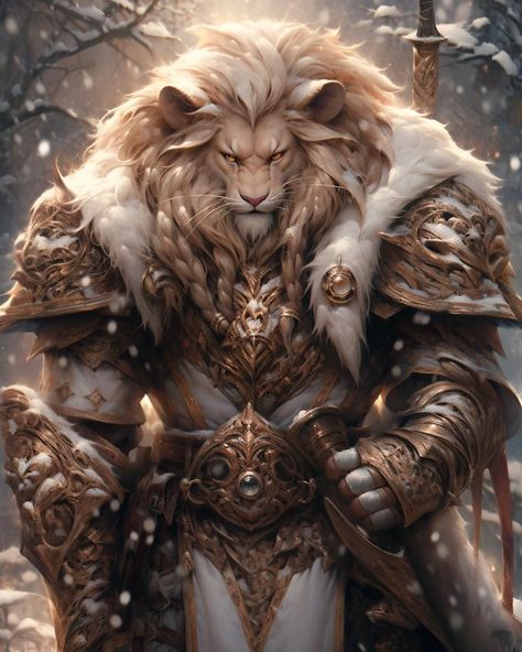 Humanoid Lion Warrior, Leonin Paladin 5e, Animal Warriors Character Design, Leonin Paladin, Leonin Barbarian, Dnd Leonin, Leonin Dnd, Lion Armor, Fantasy Lion