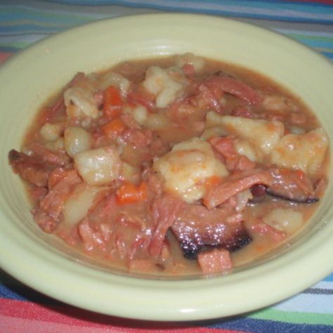 My mom loves this soup. For my dad I add cabbage and use the small dumplings with the clear broth. My family doesn't like onions and celery chopped. I used it for flavor, but you can add it chopped if you choose. Ham Dumpling Soup, Ham And Dumplings, Ham And Bean Soup Recipes, Ham And Bean, Homemade Soups, Dumpling Soup, Ham And Beans, Dumplings For Soup, Ham And Bean Soup