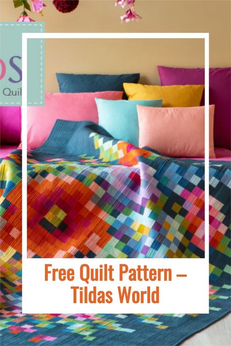 Beautiful Free Quilt pattern featuring Tilda Solids Tilda Solids Quilt, Tilda Solids Embroidery Flower Quilt, Tilda Quilts Patchwork, Tilda Embroidery Flower Quilt, Tilda Quilts Pattern Free, Tilda Quilts, Mosaic Quilts, Flower Quilt Pattern, Pixel Quilt Pattern