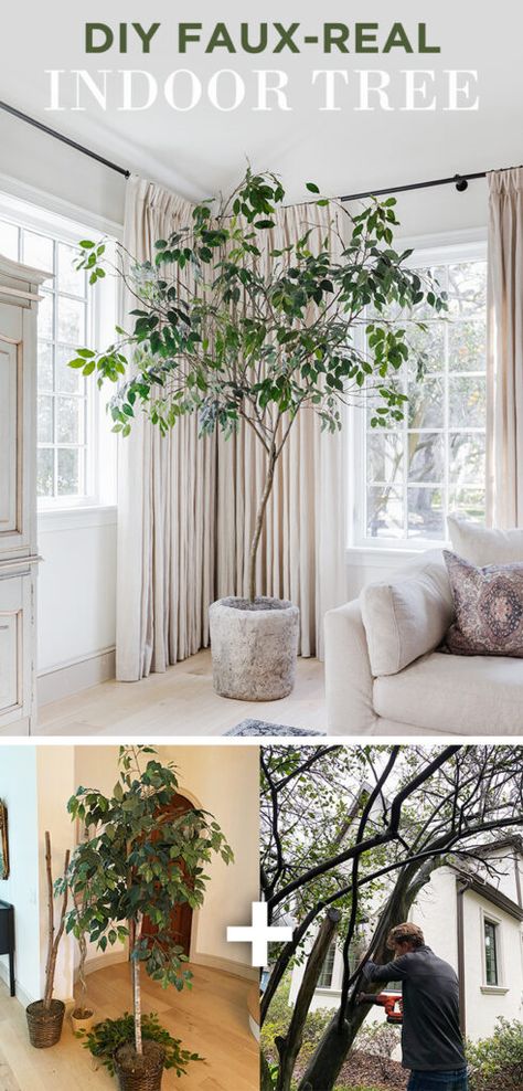 DIY Faux-Real Indoor Tree - Step by step tutorial for making this budget-friendly, realistic looking ficus tree using faux stems and a real tree branch. Tree In Bathroom Ideas, Tree Decoration Indoor, Diy Tree Indoor, Diy Indoor Tree Decor, Diy Tree With Branches, How To Use Tree Branches Diy Projects, Faux Tree In Living Room, Diy Faux Indoor Tree, Diy Indoor Tree Branch