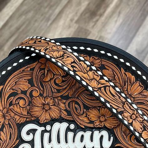 Clayton Moore on Instagram: "Floral tooled rope can in chocolate two tone with white buckstitch, along with a matching floral tooled strap. #MOOREMADE #handmade #customleather" Tooled Leather Rope Can, Clayton Moore, Rope Bag, Leather Work, Tooled Leather, Custom Leather, Leather Tooling, Leather Jewelry, Leather Working