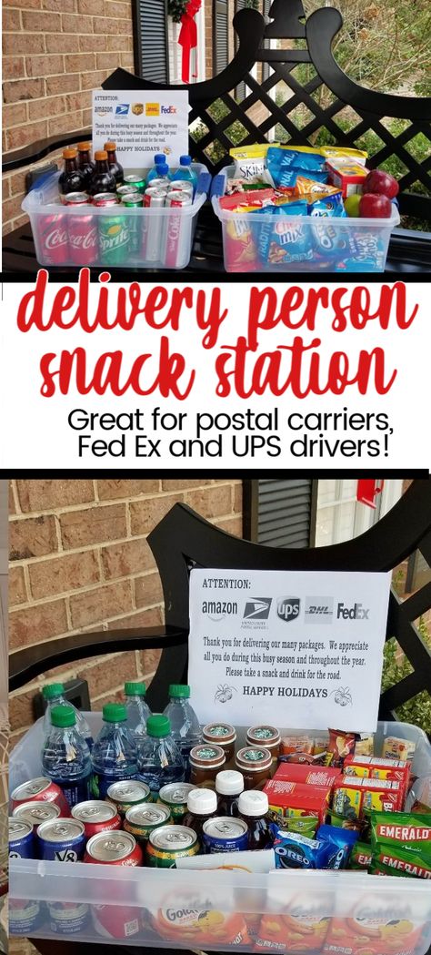 Leave a gift for your postal carrier, fed ex drivers and ups drivers during this busy holiday season! Gifts For Postal Carrier, Snack Station For Delivery Drivers, Snacks For Mail Carrier, Snacks For Amazon Drivers, Christmas Gifts For Postal Carrier, Gifts For Delivery Drivers, Snacks For Delivery Drivers, Delivery Driver Snack Basket, Snack Center