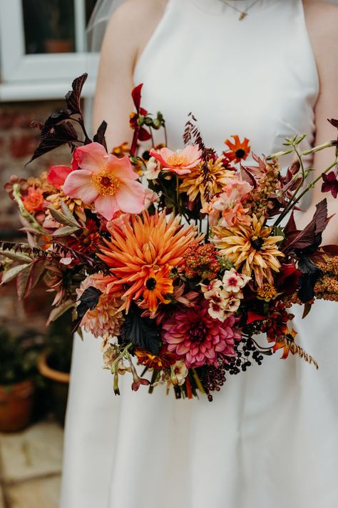 Amy & Tarun's Colourful & Joy-Filled September Woolas Barn Wedding Near York | Love My Dress® UK Wedding Blog + Wedding Directory Charlie Brear Wedding Dress, Autumn Wedding Bouquet, September Wedding Flowers, Wedding Color Pallet, Floral Veil, Madison Wedding, Outdoor Fall Wedding, November Wedding, Fall Wedding Bouquets