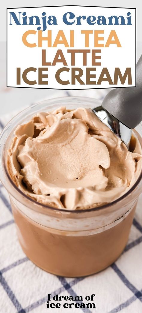 This easy Ninja Creami chai tea latte ice cream is a high protein treat that's also low carb! It's super delicious, rich, and creamy, and it's one you can enjoy guilt-free! Creami Ninja Recipe Protein, Protein Ninja Creami, Ninja Creami Ice Cream Recipes, Ice Cream Maker Recipes Healthy, Peach Frozen Yogurt, Ninja Creami Recipes, Ninja Creamy, Ninja Ice Cream Recipe, Protein Ice Cream Recipe