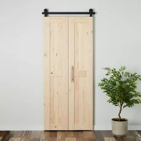 Single Bi Fold Barn Door, Bifold Barn Doors Bathroom, Barn Door Folding Doors, Bi-fold Barn Door, Barn Door Bifold Closet Doors, Bifold Barn Doors Closet, Barn Door Pantry Kitchens, Pantry Bifold Door Ideas, Bifold Barn Doors Diy