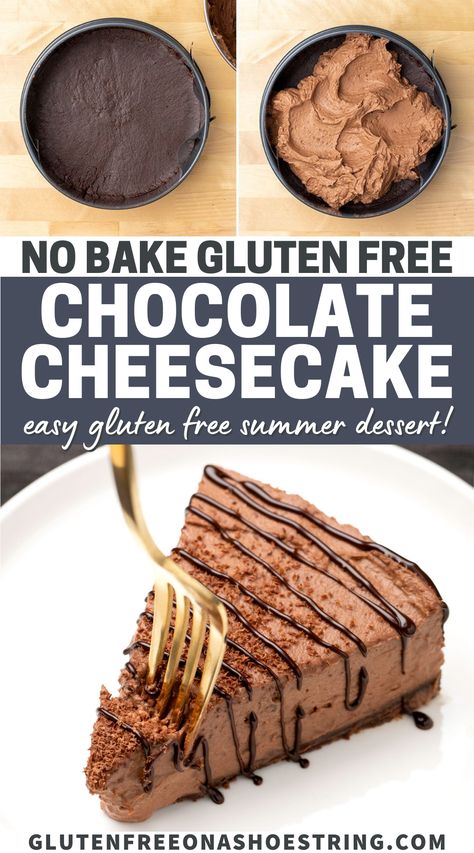 Gluten Free Dairy Free No Bake Desserts, Gluten Free No Bake Cheesecake Recipe, Simple Gluten Free Desserts 4 Ingredients, Dairy Free Chocolate Cheesecake, Gf No Bake Cheesecake, No Bake Gf Desserts, Healthy Chocolate Cheesecake, No Bake Desserts Gluten Free, Chocolate Gluten Free Desserts