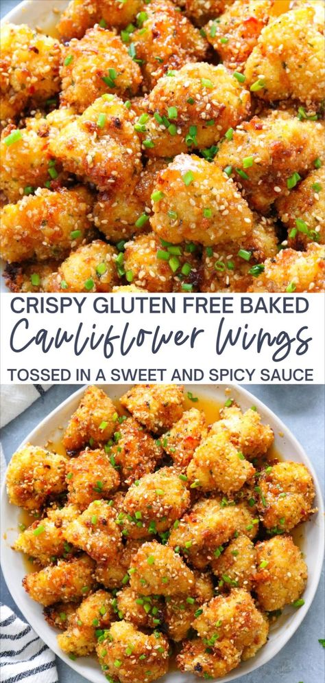 Easy baked cauliflower wings that are breaded and baked until crispy then tossed in an amazing sweet and spicy sauce. A perfect game day recipe that everyone will go crazy for! Gluten-free! Cauliflower Recipes Wings, Creative Cauliflower Recipes, Gluten Free Cauliflower Recipes, Easy Baked Cauliflower, Breaded Cauliflower, Sweet Chili Wings, Baked Cauliflower Bites, Wings Recipe Baked, Keto Sides