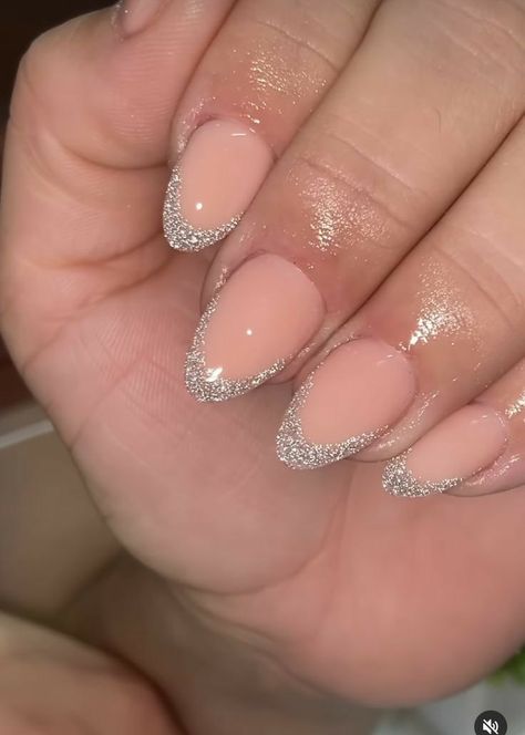 Sparkly French Tip Nails Round, French Tip Ideas With Glitter, Nails Inspiration French Tip Glitter, Silver And Sparkle Nails, Subtle Glitter Nails Acrylic, Oval Glitter Tip Nails, Almond Shape Glitter French Tip, Glitter Oval Acrylic Nails, Oval Glitter French Tip Nails