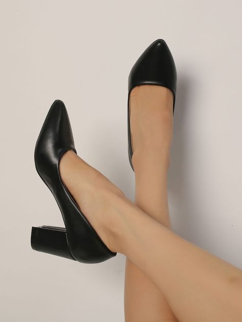 Point Toe Chunky Heeled Court Pumps School Heels Black, Work Heels Office Wear, Corporate Heels, Heels For Office, Heels Work Outfit, Office Sandals, Business Heels, Job Outfits, Office Heels