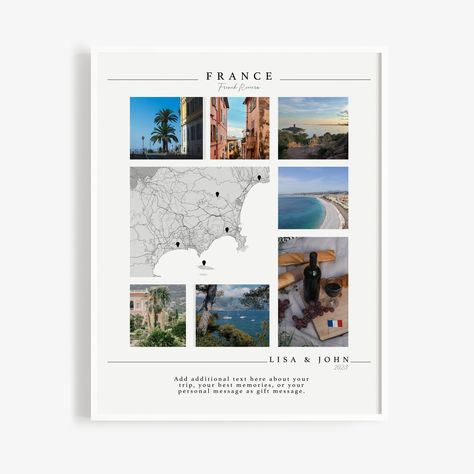 "Your travel memories can make a great gift. Gather them and together with a minimalist map you have everything together, a synopsis of the best moments of your holiday, in a digital version or printed version. You will get your first draft in 6 to 24hr after receiving all the necessary data.  How to place an order:  1. In the \"Personalization\" box please leave  - country / place - names  - year - additional text you would like to add underneath the photo collage as a gift message. 2. Send us 6 pictures via DM or to our email address lexaartprint@gmail.com 3. I will send the digital file to you in less than 24hrs, in the size you have requested, for you to check.   4. If you have opted for a digital version, you will receive it as soon as you have agreed upon the final design. If you hav Display Travel Photos, Travel Photo Frame, Trip Collage, Travel Photo Collage, Photo Collage Art, Travel Gallery Wall, Adventure Wall Art, Adventure Wall, Photo Voyage