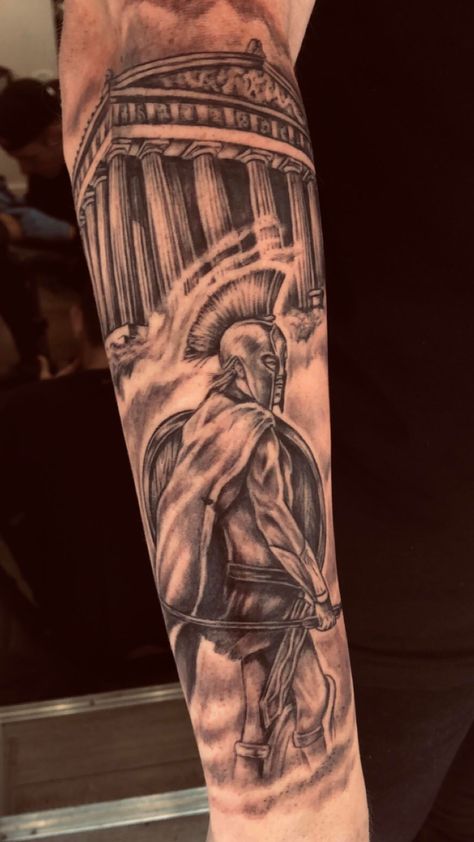 Greek Hero Tattoo, Greek Mythology Tattoos Shoulder, Alexander The Great Tattoo, Orthodox Tattoo, Roman Tattoos, Calf Sleeve Tattoo, Roman Tattoo, Gladiator Tattoo, Hero Tattoo