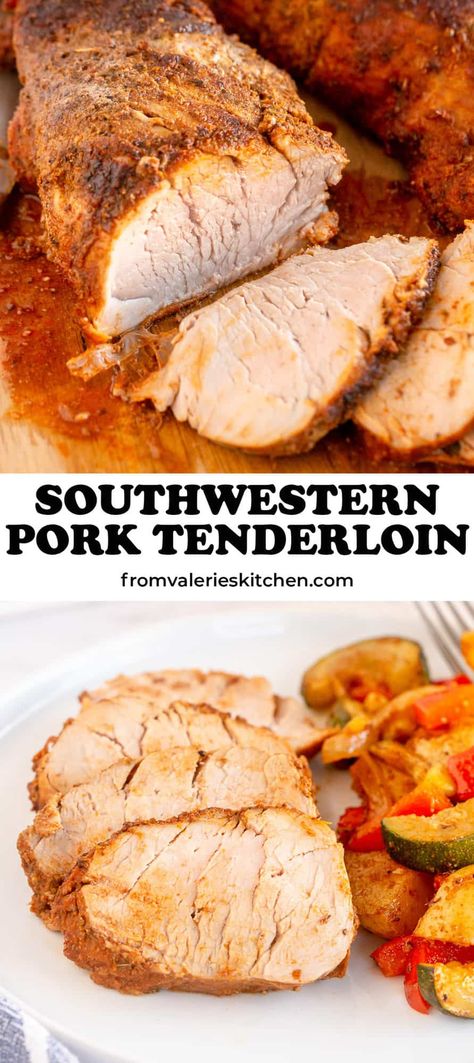 A Southwest seasoning mix and easy stove to oven roasting technique creates this tender, incredibly flavorful Southwestern Pork Tenderloin. This quick method has dinner on the table in about 30 minutes! #pork #porktenderloin #southwestern #lowcalorie #lowcarb #30minutemeal Instant Pot Pork Tenderloin Recipe, Pork Tenderloin Marinade, Pork Tenderloin Oven, Deli Style Sandwiches, Crock Pot Baked Potatoes, Southwest Seasoning, Cooking Pork Tenderloin, Southwest Recipes, Pork Entrees