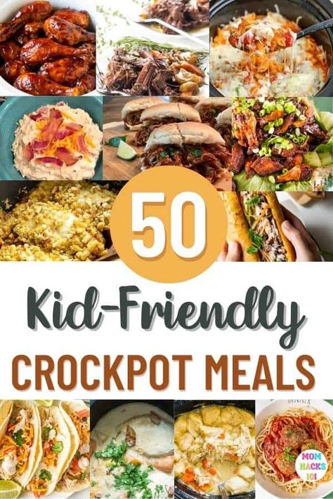 50 Kid-Friendly Crockpot Meals - Mom Hacks 101 Slow Cooker Recipes For Kids, Kid Friendly Crockpot Recipes, Meals For Busy Moms, Crockpot Recipes For Kids, Meals Kids Love, Pork Carnitas Slow Cooker, Slow Cooker Meatloaf, Delicious Slow Cooker Recipes, Easy Crockpot Dinners