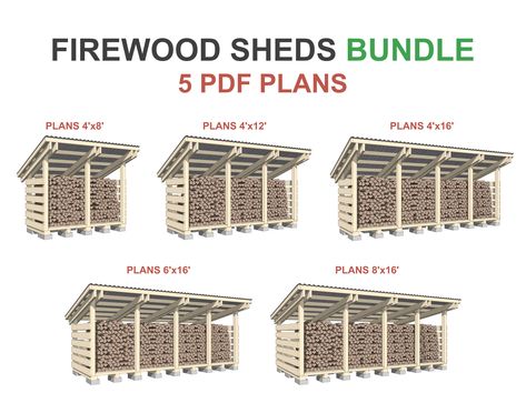 Firewood Shed Plans Bundle / 5 PDF Blueprints Woodshed Plans - Complete woodworking DIY plans to build or do it yourself a wood storage shed with sturdy wood timbers. Looking for some DIY firewood shed plans? We have the perfect blueprints that will make your outdoor space more ergonomic, with storage capacity and from 1 to 4 cords ready to go inside. This step by step woodworking PDF Bundle can be printed out on any size sheet you like - just adjust accordingly! The woodworking DIY firewood she Diy Firewood Shed, Firewood Shed Plans, Wood Storage Shed, Wood Shed Plans, Firewood Shed, Diy Chicken Coop Plans, Wood Storage Sheds, Farm Plans, Firewood Storage