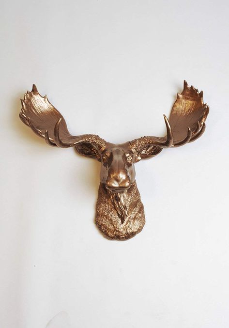 PRICES MAY VARY. *Moose Head Specs* Size 24.25W x 18.5H x 8.25D (in.) Approx. 6lbs. Artisan-crafted modern moose decor in hand-painted bronze resin with bronze antlers. Bespoke contemporary animal wall art by White Faux Taxidermy. *Unique Exclusivity* Handpainted by a professional artist in Cincinnati, Ohio. Enjoy the individual subtleties and slight variations of this bronze faux moose head, as is the beauty and charm of handcrafted goods. *Priceless Peace of Mind* Harmless faux taxidermy, desi Antlers With Flowers, Deer Head Decor, Animal Wall Mount, Faux Animal Head, White Faux Taxidermy, Antlers Decor, Moose Decor, Moose Head, Modern Farmhouse Wall Decor