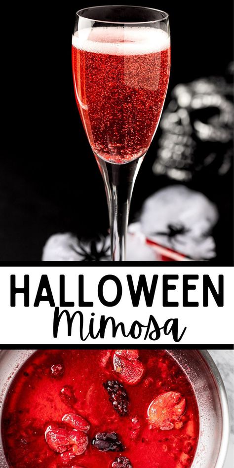 Halloween Wine Night Snacks, Halloween Themed Mimosa, Halloween Wine Punch, Halloween Drinks With Wine, Spooky Champagne Cocktails, Halloween Mimosa Recipe, Halloween Cocktails With Prosecco, Halloween Drinks Champagne, Halloween Champagne Punch