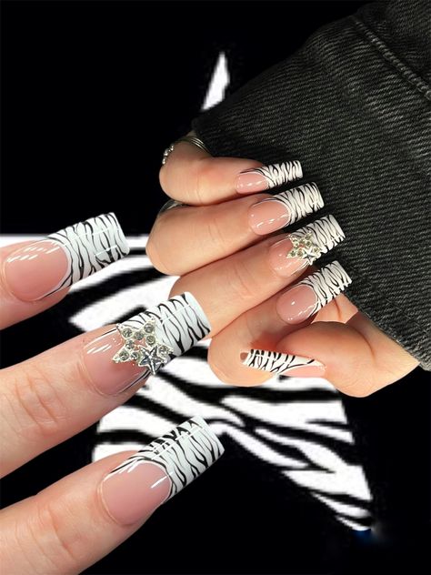 Zebra press on nails | zebra nails | press on nails | press ons | French tip nails| zebra print gel nails https://etsy.me/43iGxz6 #zebranails #zebraprintpressons #animalprintnails #pressons #pressonnails Grey Zebra Nails, Checker French Tip Nails, Black And White Zebra Nails, Black And White Cheetah Nails, Nail Zebra Designs, Zebra Print Acrylic Nails, 2000s Acrylic Nails, Zebra French Tip Nails, Nails Zebra Print