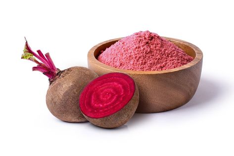 Beetroot (beet root) powder in wooden bowl with fresh fruit isolated on white background. Beet Root Powder Benefits, Beet Root Powder, Nutrient Packed Smoothies, Beet Root, Natural Food Coloring, Beetroot Powder, Superfood Powder, Beet Juice, Energy Bars