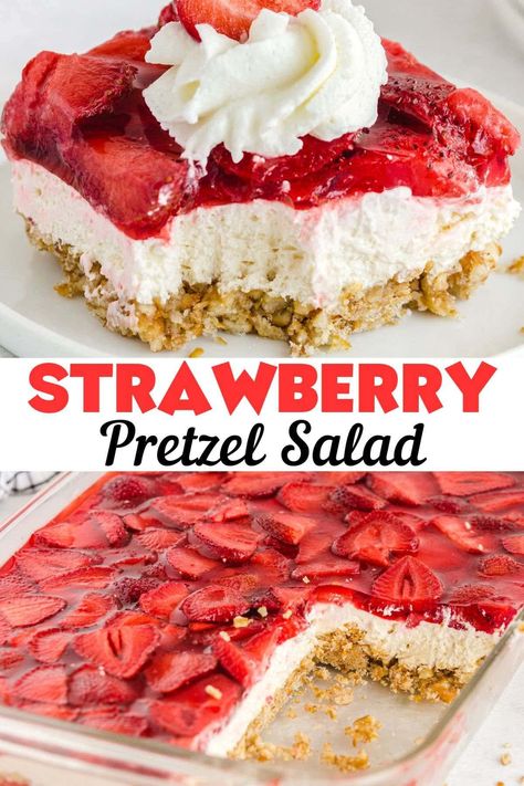 This viral Strawberry Pretzel Salad has over 400,000 views and is a no-fail out of this world dessert. It's easy & insanely delicious, it features a salty pretzel crust, creamy cheesecake, and sweet strawberry Jell-O. Perfect for any occasion! Taste Of Home Strawberry Pretzel Dessert, Weight Watchers Lightened Up Strawberry Pretzel Cheesecake, Strawberry Cheesecake With Pretzel Crust, Gluten Free Strawberry Pretzel Salad, Strawberry Pretzel Cake, Strawberry Jello Cream Cheese Dessert, Strawberry Pretzel Salad With Frozen, Strawberry Jello And Pretzel Dessert, Strawberry Pretzel Dessert With Frozen Strawberries