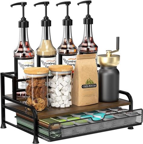 Amazon.com: PONEYA Coffee Syrup Rack Organizer, 3-Tier 8 Bottles Coffee Syrup Rack with 35 K Cup Storage Basket for Coffee Bar, Syrup Bottle Holder Stand for Syrup, Wine, Dressing for Kitchen Coffee Station : Home & Kitchen Cute Countertop Decor, Cocktail Coffee Bar, Small Coffee Bar On Countertop, Coffee Drawer Organizer, Coffee And Tea Drawer Organization, Conference Room Coffee Station, Victorian Coffee Bar, Spa Coffee Bar, Cowboy Coffee Shop