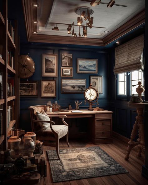 Nautical Homesteads 🛟 EP VI: Study room Variations Comment your fav slide 💙 | Instagram Gentlemen’s Office, Hague Blue Office, Midnight Blue Office, Blue Study Room, Home Office Dark Wood, Color Drenched Office, Men Living Room Ideas Apartments, Men Living Room Ideas, Room Ideas Color Schemes