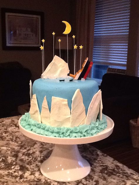 Titanic themed iceberg cake                                                                                                                                                     More Titanic Themed Party Food, Titanic Cake Ideas, Titanic Birthday Party For Kids, Iceberg Cake, Titanic Birthday Cake, Titanic Birthday Party, Titanic Cake, Titanic Birthday, Titanic Party