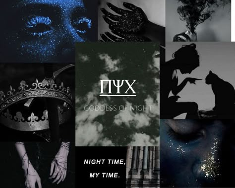 nyx - goddess of night collage. Night Goddess Aesthetic, Nyx Altar, Nyx Goddess Of Night Symbols, Nyx Deity, Nyx Goddess Aesthetic, Nyx Acotar, Nyx Greek Goddess, Nyx Cabin, Valerie Core