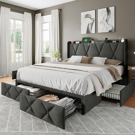 Feonase Queen Bed Frame with 4 Storage Drawers, Upholstered Button Tufted Storage Headboard with Fast Charging Station, Heavy Duty Slats Support, No Box Spring Needed, Noise-Free, Dark Grey Queen Bed With Drawers Target, Metal Platform Bed Frame With Storage, Queen Bed Frame With Storage Boy, Queen Size Upholstered Storage Hed, Small Bedroom Decor Ideas, Grey Tuffed King Storage Bedframe, Bedroom Hacks, Storage Headboard, Full Size Bed Frame